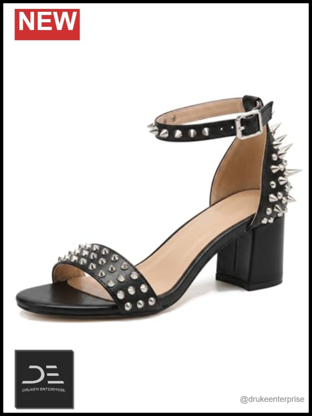 Gothic Spiked Studded Open Toe Heeled Sandals Faux Leather Chunky Block Heel